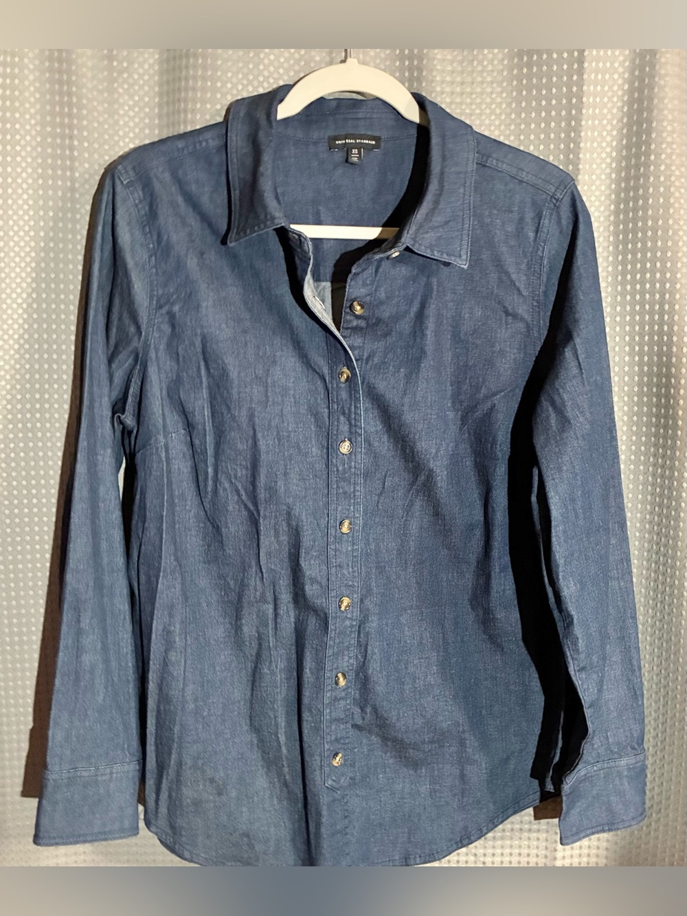 Universal Standard Button Up Denim Shirt Sz XS Blue Long Sleeve Minimalist Basic